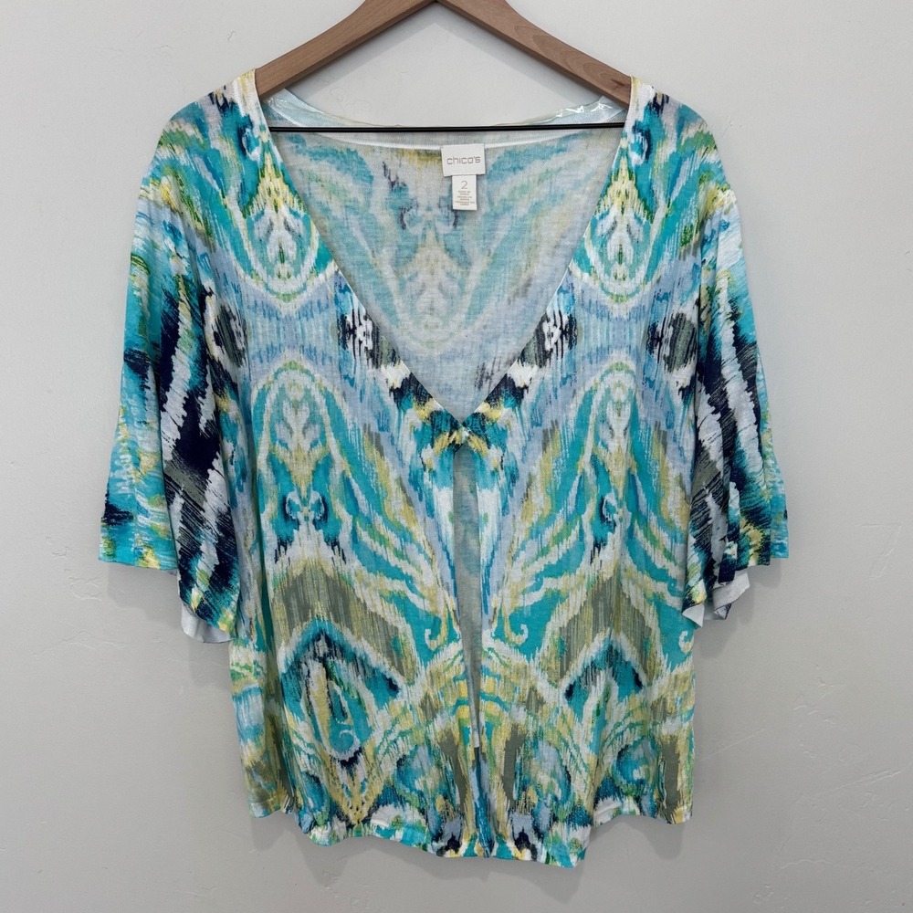 Chico's Blue Green Ikat Print Ramie Rayon Knit Cardigan Top L Size 2 Artsy Boho